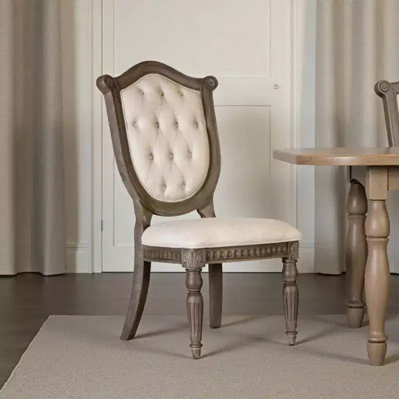 Royal Hampton Side Dining Chair Set of 2, Weathered Oak Wood, Tufted Beige Fabric