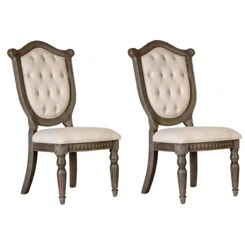 Lot de 2 chaises de salle à manger, bois de chêne vieilli, tissu beige capitonné