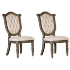 Lot de 2 chaises de salle à manger, bois de chêne vieilli, tissu beige capitonné