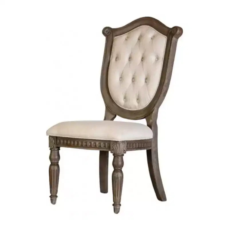 Lot de 2 chaises de salle à manger, bois de chêne vieilli, tissu beige capitonné