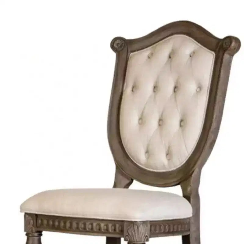 Lot de 2 chaises de salle à manger, bois de chêne vieilli, tissu beige capitonné