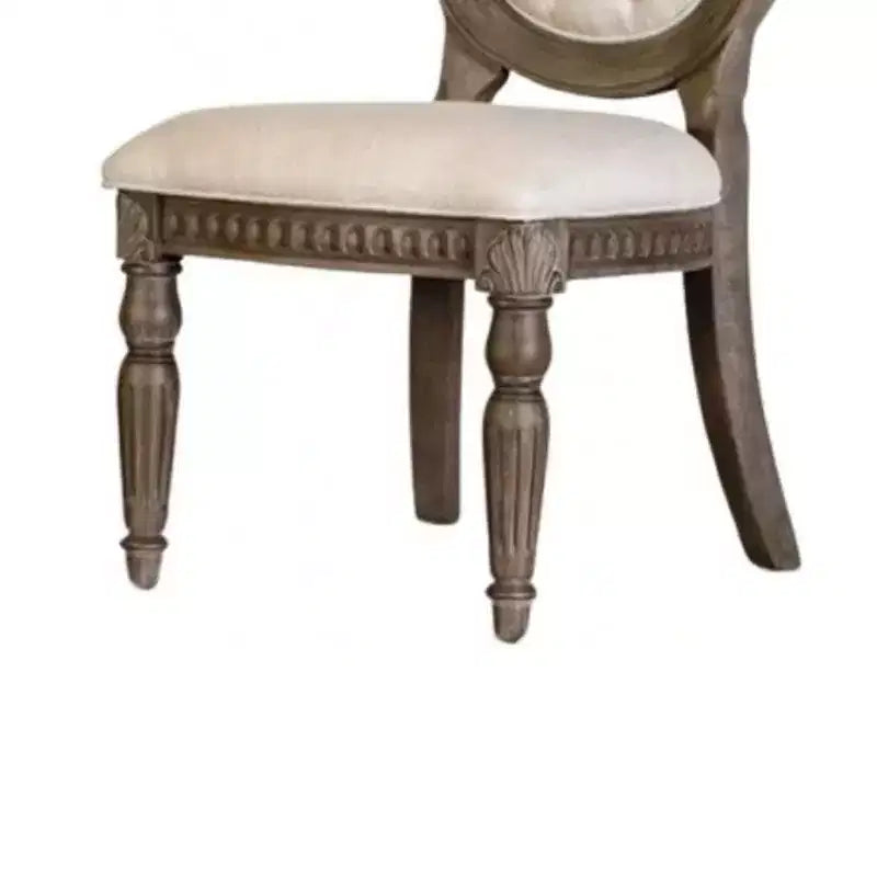 Lot de 2 chaises de salle à manger, bois de chêne vieilli, tissu beige capitonné