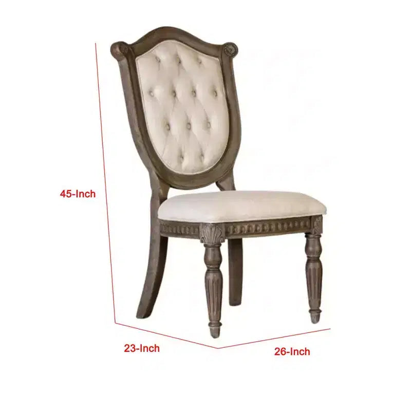 Lot de 2 chaises de salle à manger, bois de chêne vieilli, tissu beige capitonné