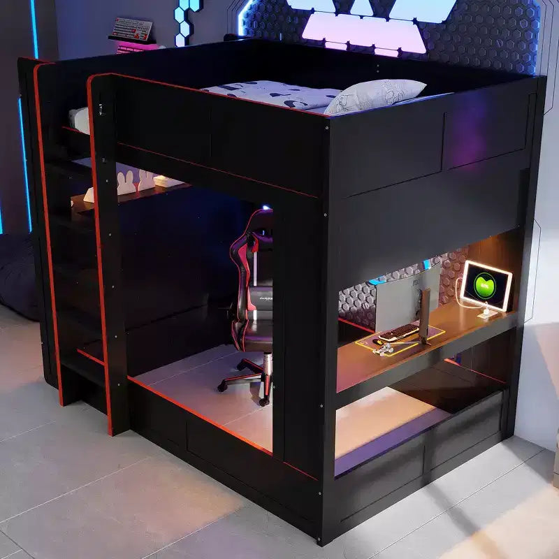 Lit superposé gaming en bois massif avec bureau intégré et étagères de rangement – Noir