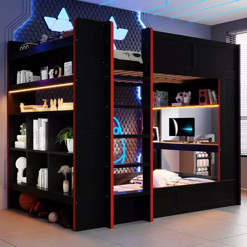 Lit superposé gaming en bois massif avec bureau intégré et étagères de rangement – Noir