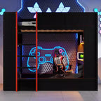 Lit superposé gaming en bois massif avec bureau intégré et étagères de rangement – Noir