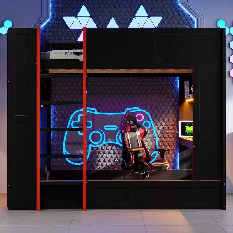 Lit superposé gaming en bois massif avec bureau intégré et étagères de rangement – Noir