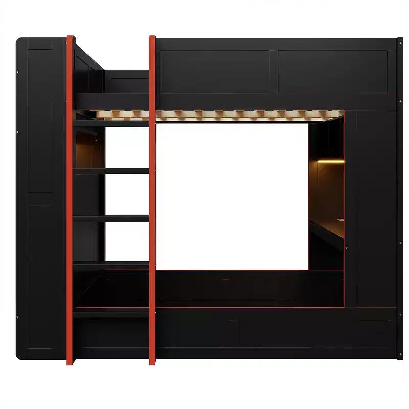 Lit superposé gaming en bois massif avec bureau intégré et étagères de rangement – Noir