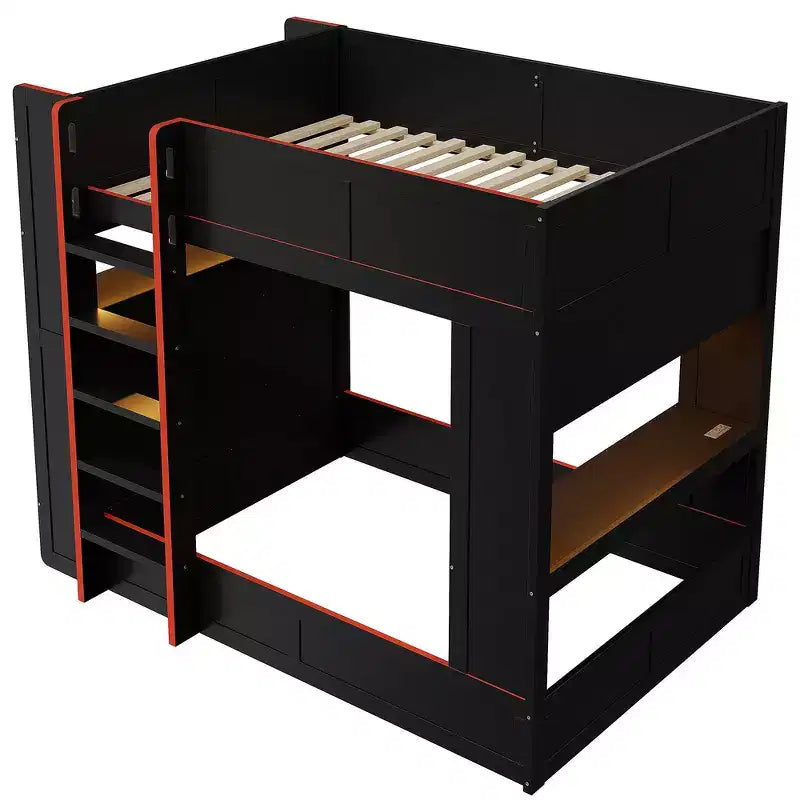 Lit superposé gaming en bois massif avec bureau intégré et étagères de rangement – Noir