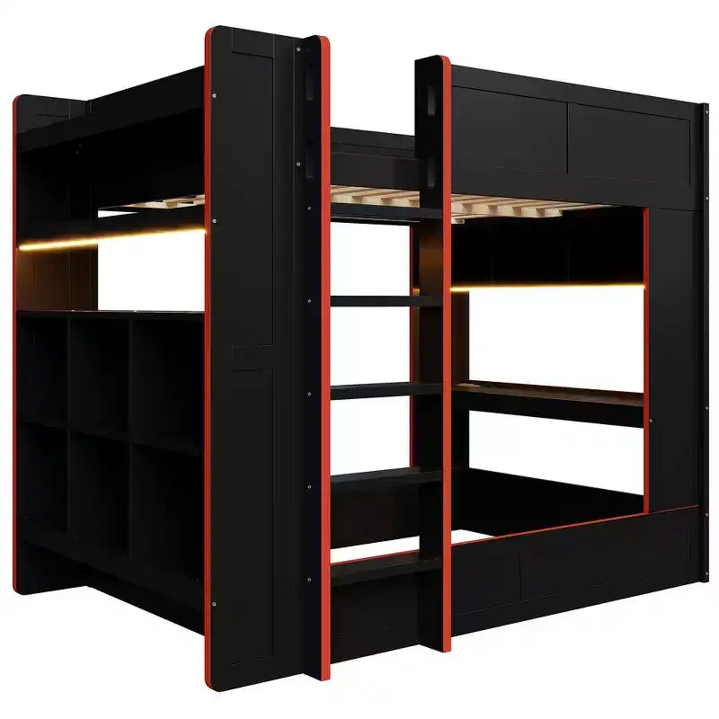 Lit superposé gaming en bois massif avec bureau intégré et étagères de rangement – Noir