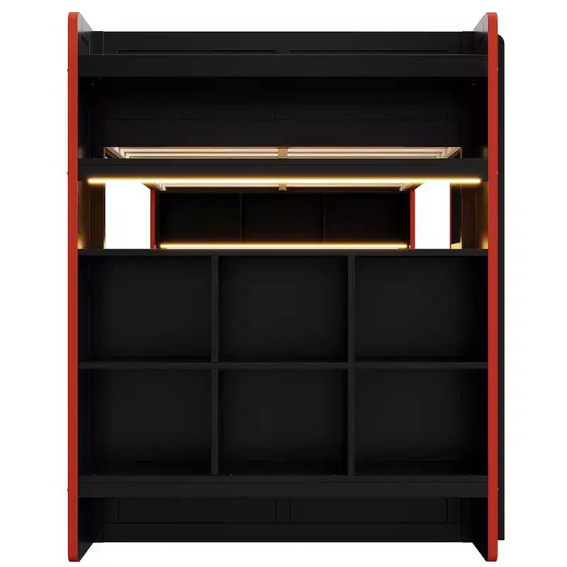 Lit superposé gaming en bois massif avec bureau intégré et étagères de rangement – Noir