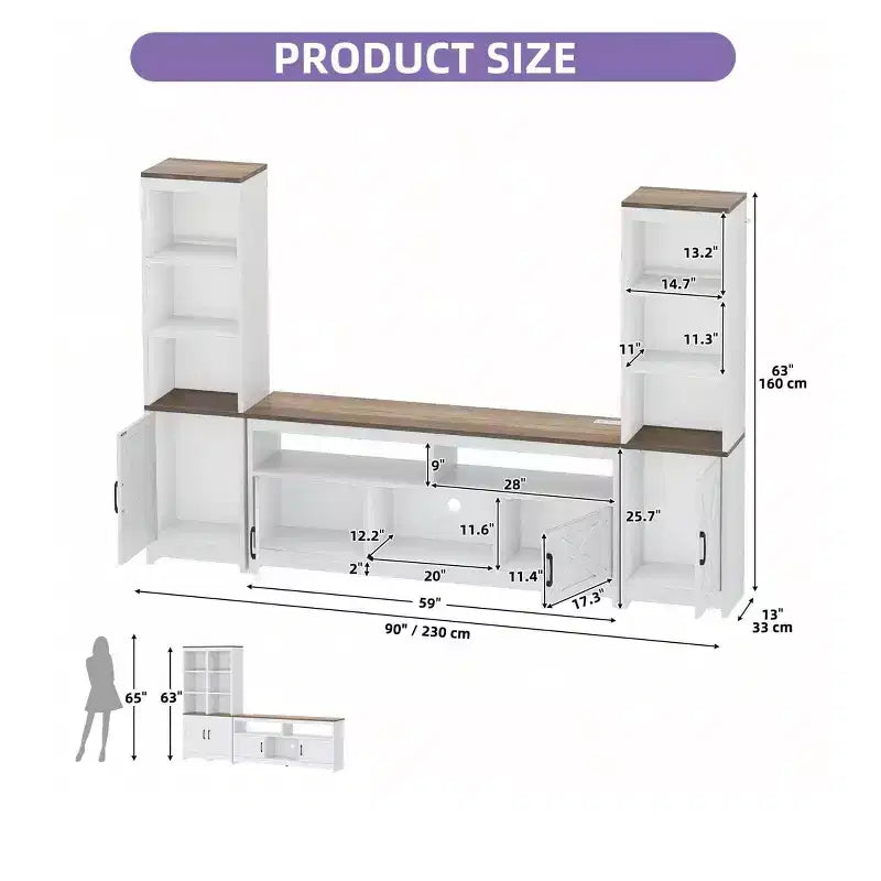 Meuble TV de ferme pour téléviseur de 65 pouces, centre de divertissement à LED avec rangement et prises de courant, meuble TV avec étagères pour salon
