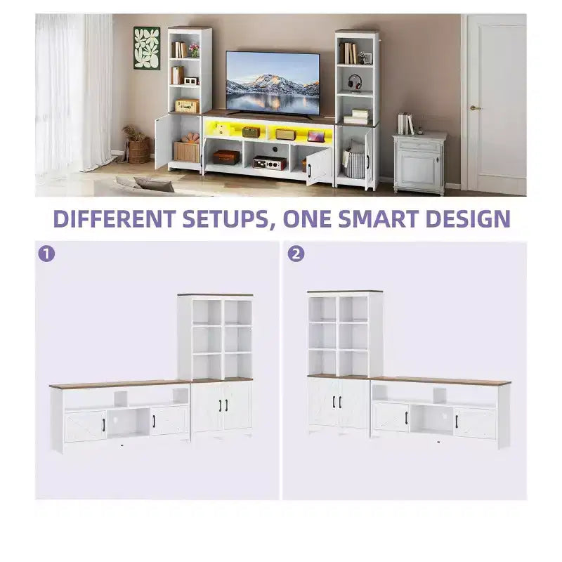 Meuble TV de ferme pour téléviseur de 65 pouces, centre de divertissement à LED avec rangement et prises de courant, meuble TV avec étagères pour salon
