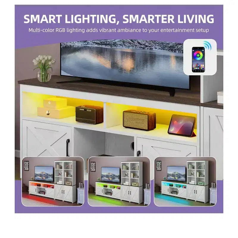 Meuble TV de ferme pour téléviseur de 65 pouces, centre de divertissement à LED avec rangement et prises de courant, meuble TV avec étagères pour salon