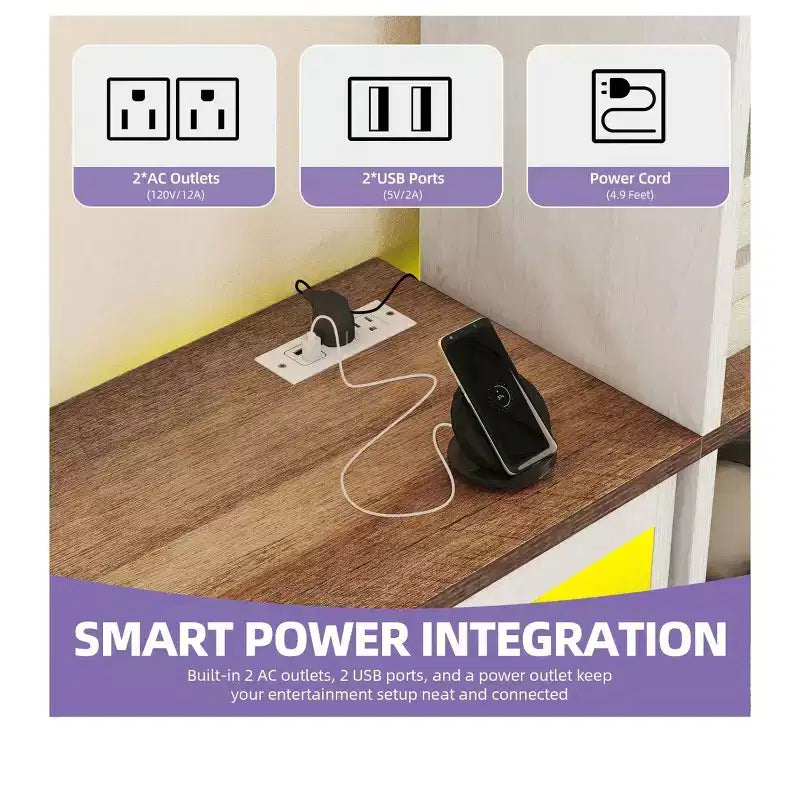 Meuble TV de ferme pour téléviseur de 65 pouces, centre de divertissement à LED avec rangement et prises de courant, meuble TV avec étagères pour salon