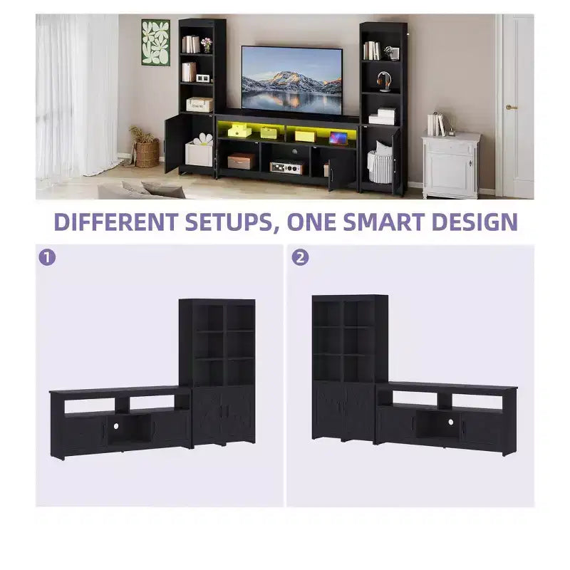 Meuble TV de ferme pour téléviseur de 65 pouces, centre de divertissement à LED avec rangement et prises de courant, meuble TV avec étagères pour salon
