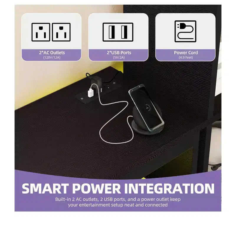 Meuble TV de ferme pour téléviseur de 65 pouces, centre de divertissement à LED avec rangement et prises de courant, meuble TV avec étagères pour salon