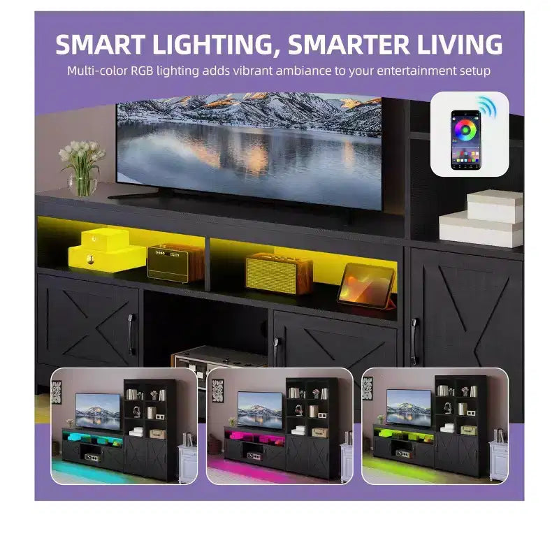 Meuble TV de ferme pour téléviseur de 65 pouces, centre de divertissement à LED avec rangement et prises de courant, meuble TV avec étagères pour salon