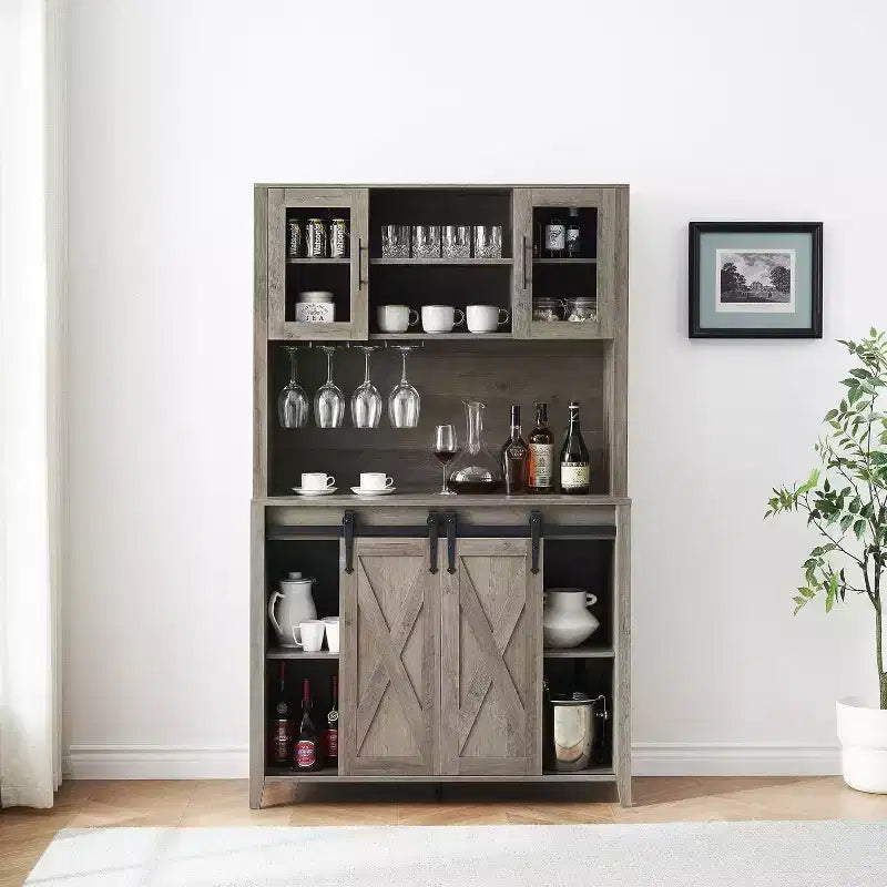 Buffet de bar à café de ferme de 70 po avec porte coulissante, grand rangement avec 7 étagères réglables