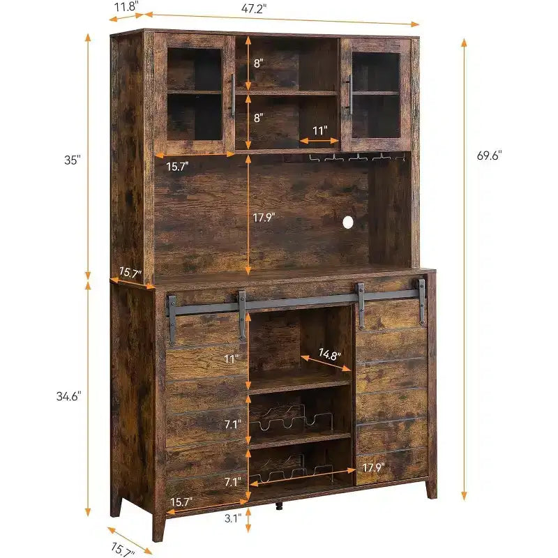 Buffet de bar à café de ferme de 70 po avec porte coulissante, grand rangement avec 7 étagères réglables
