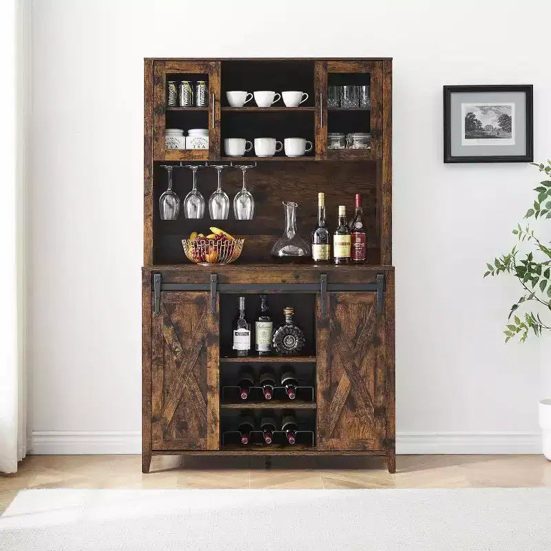 Buffet de bar à café de ferme de 70 po avec porte coulissante, grand rangement avec 7 étagères réglables