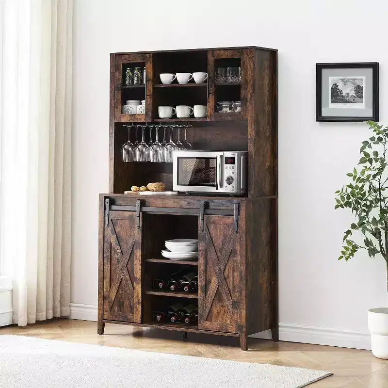 Buffet de bar à café de ferme de 70 po avec porte coulissante, grand rangement avec 7 étagères réglables