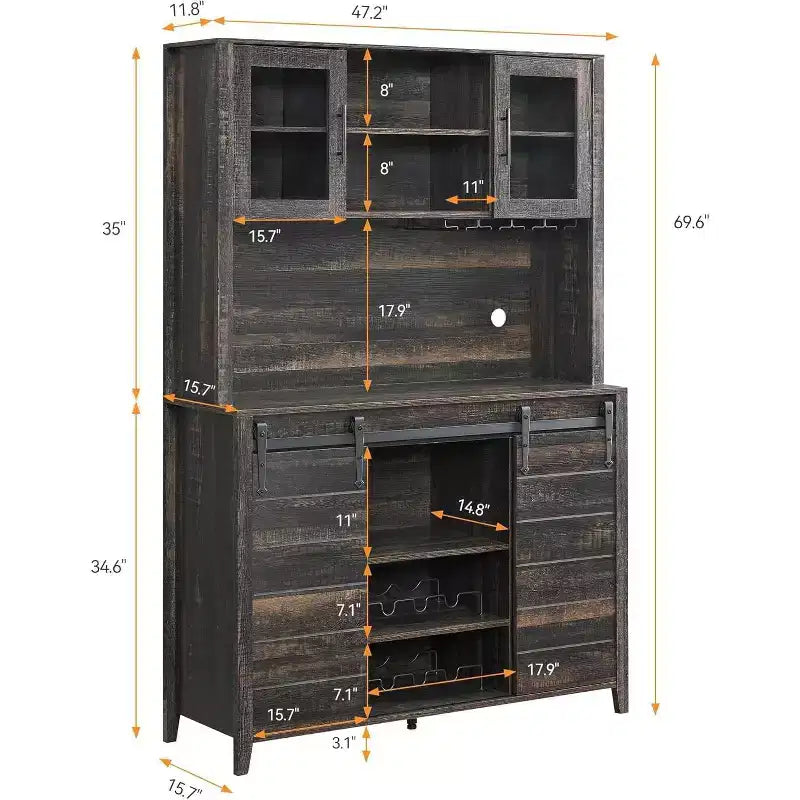 Buffet de bar à café de ferme de 70 po avec porte coulissante, grand rangement avec 7 étagères réglables