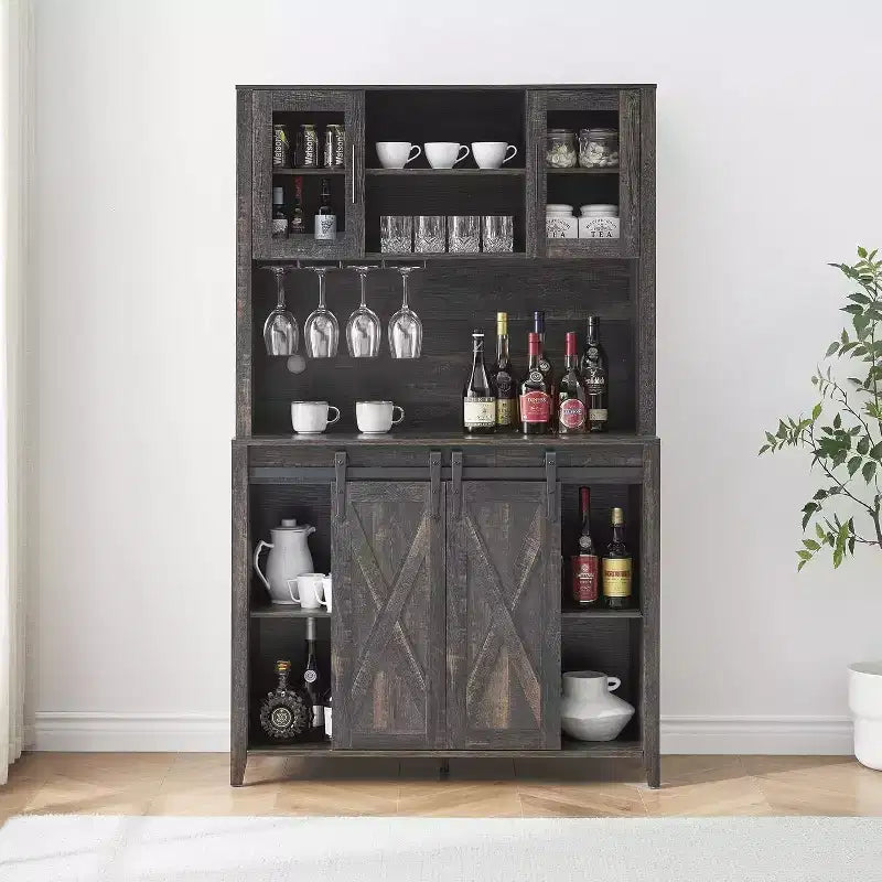 Buffet de bar à café de ferme de 70 po avec porte coulissante, grand rangement avec 7 étagères réglables