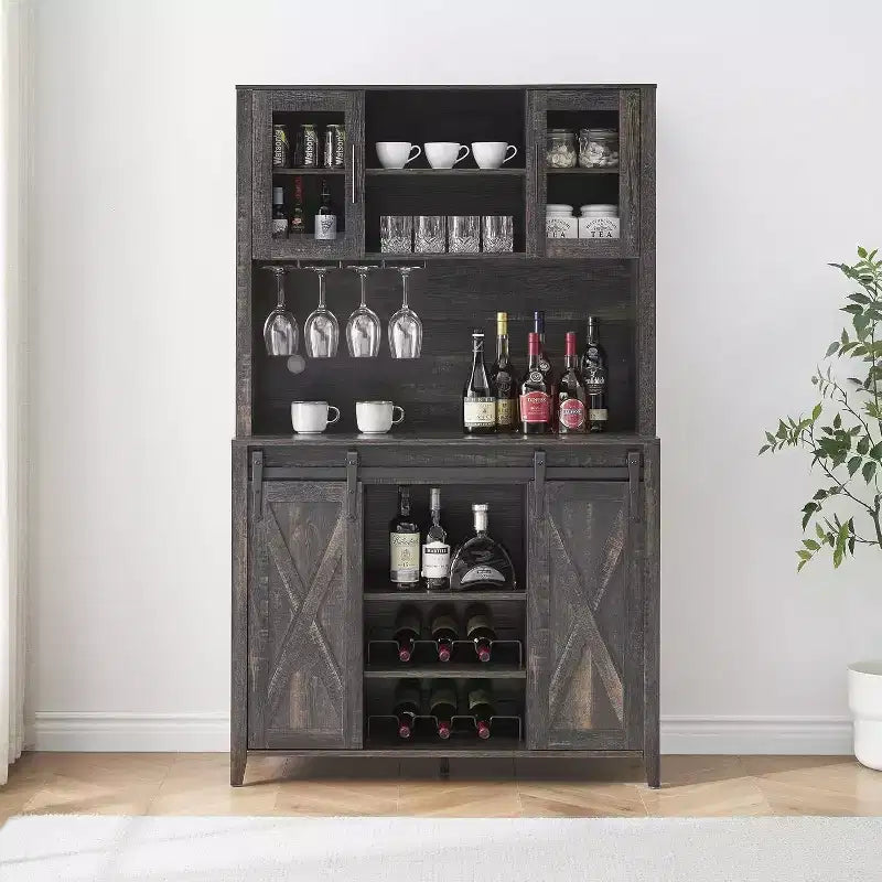 70 Tall Farmhouse Coffee Bar Cabinet with Sliding Barn Door, Ample Storage Buffet with 7 Adjustable Shelves