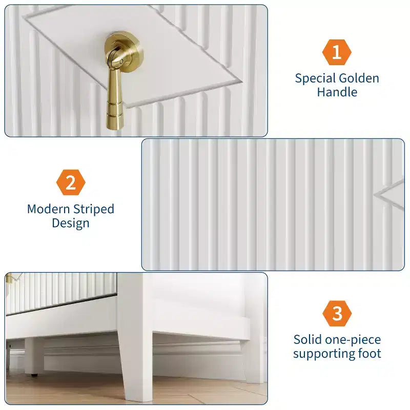 Commode de chambre à trois tiroirs avec poignées métalliques, convenant comme meuble TV ou armoire de rangement en bois pour chambres, salons ou couloirs.