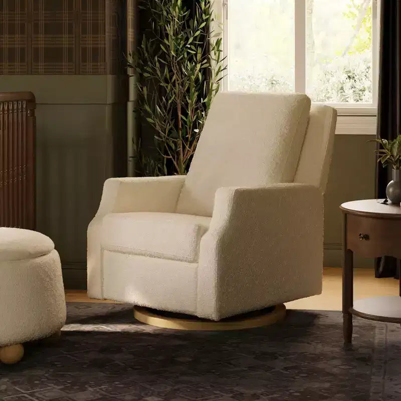 Fauteuil inclinable et planeur pivotant électrique – Boucle ivoire avec base en bois clair
