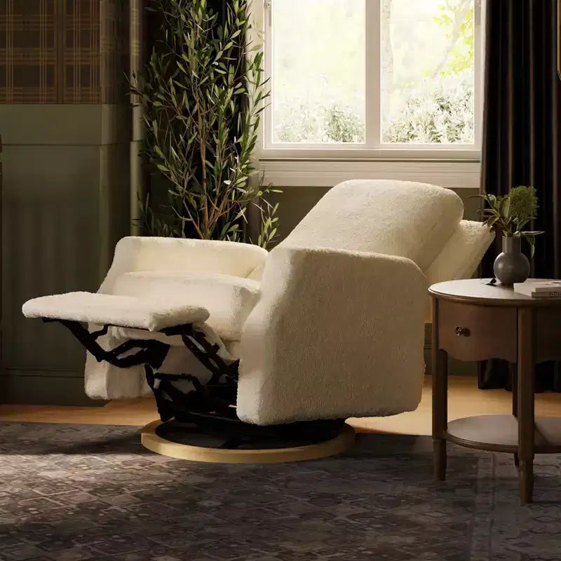 Fauteuil inclinable et planeur pivotant électrique – Boucle ivoire avec base en bois clair
