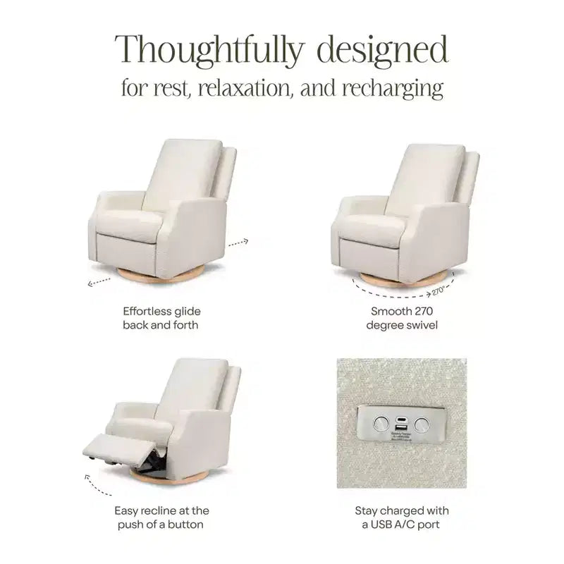 Fauteuil inclinable et planeur pivotant électrique – Boucle ivoire avec base en bois clair