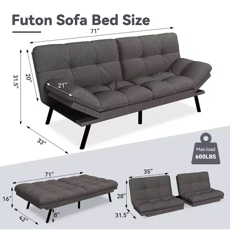 Canapé-lit futon convertible 71", futon moderne en lin avec coussin détachable, dossier et accoudoirs réglables