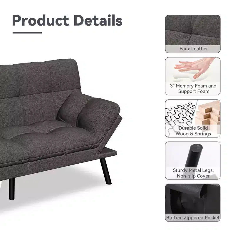 Canapé-lit futon convertible 71", futon moderne en lin avec coussin détachable, dossier et accoudoirs réglables