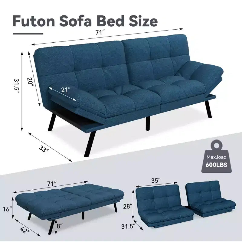 Canapé-lit futon convertible 71", futon moderne en lin avec coussin détachable, dossier et accoudoirs réglables