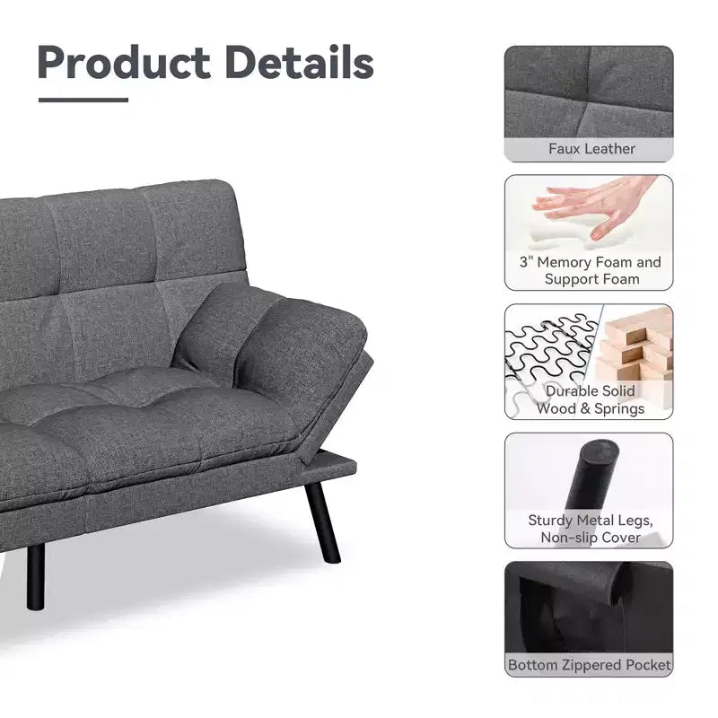 Canapé-lit futon convertible 71", futon moderne en lin avec coussin détachable, dossier et accoudoirs réglables