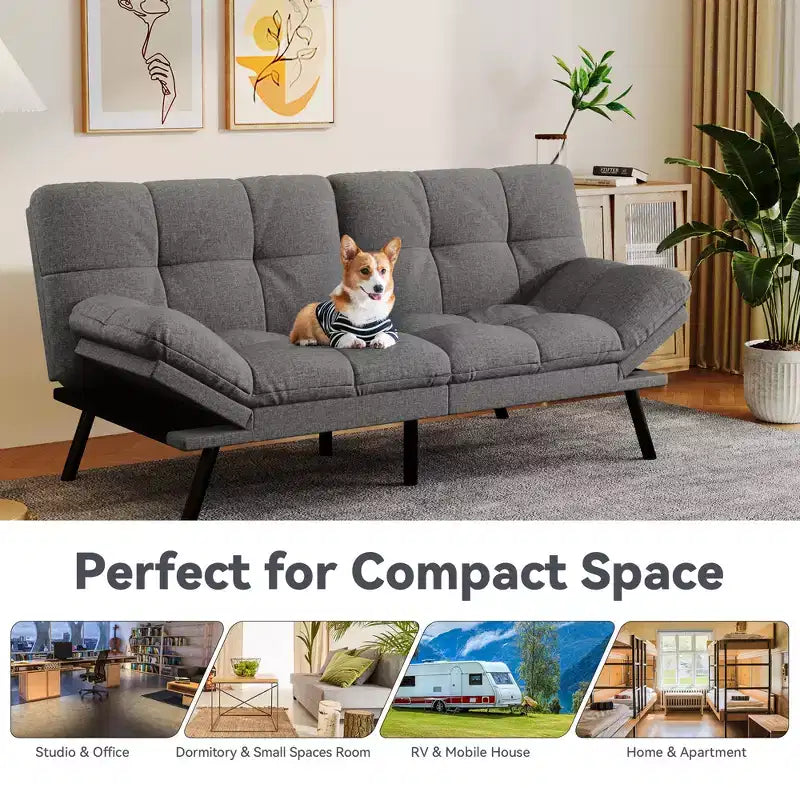 Canapé-lit futon convertible 71", futon moderne en lin avec coussin détachable, dossier et accoudoirs réglables