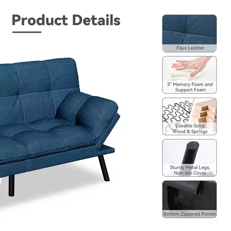 Canapé-lit futon convertible 71", futon moderne en lin avec coussin détachable, dossier et accoudoirs réglables