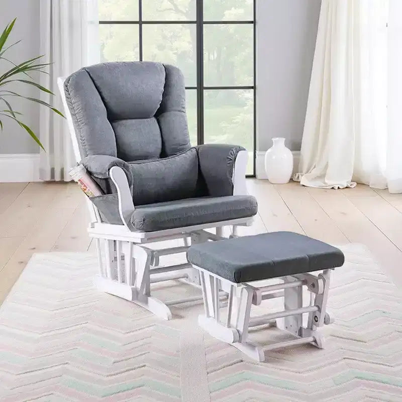Fauteuil inclinable planeur avec repose-pieds carré, bois blanc, gris