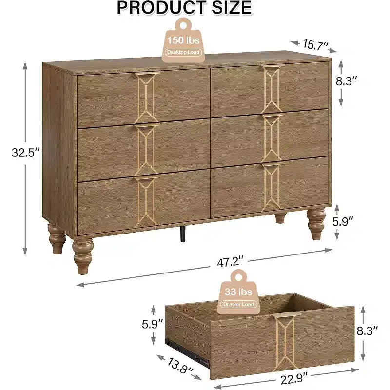Commode à 6 tiroirs pour chambre, commode moderne en bois avec tiroirs profonds, chiffonnier/commode à tiroirs