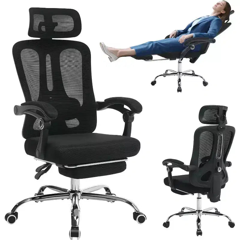 Ergonomic Mesh Office Chair with Adjustable Headrest & Lumbar Support, Retractable Footrest, Swivel Desk Chair with Wheels, Black