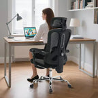 Chaise de bureau ergonomique en maille avec appui-tête et support lombaire réglables, repose-pieds rétractable, fauteuil de bureau pivotant à roulettes, noir
