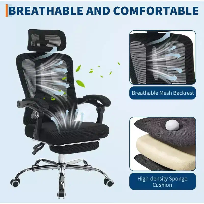 Chaise de bureau ergonomique en maille avec appui-tête et support lombaire réglables, repose-pieds rétractable, fauteuil de bureau pivotant à roulettes, noir