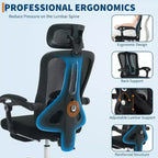 Chaise de bureau ergonomique en maille avec appui-tête et support lombaire réglables, repose-pieds rétractable, fauteuil de bureau pivotant à roulettes, noir