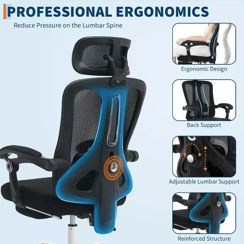 Chaise de bureau ergonomique en maille avec appui-tête et support lombaire réglables, repose-pieds rétractable, fauteuil de bureau pivotant à roulettes, noir