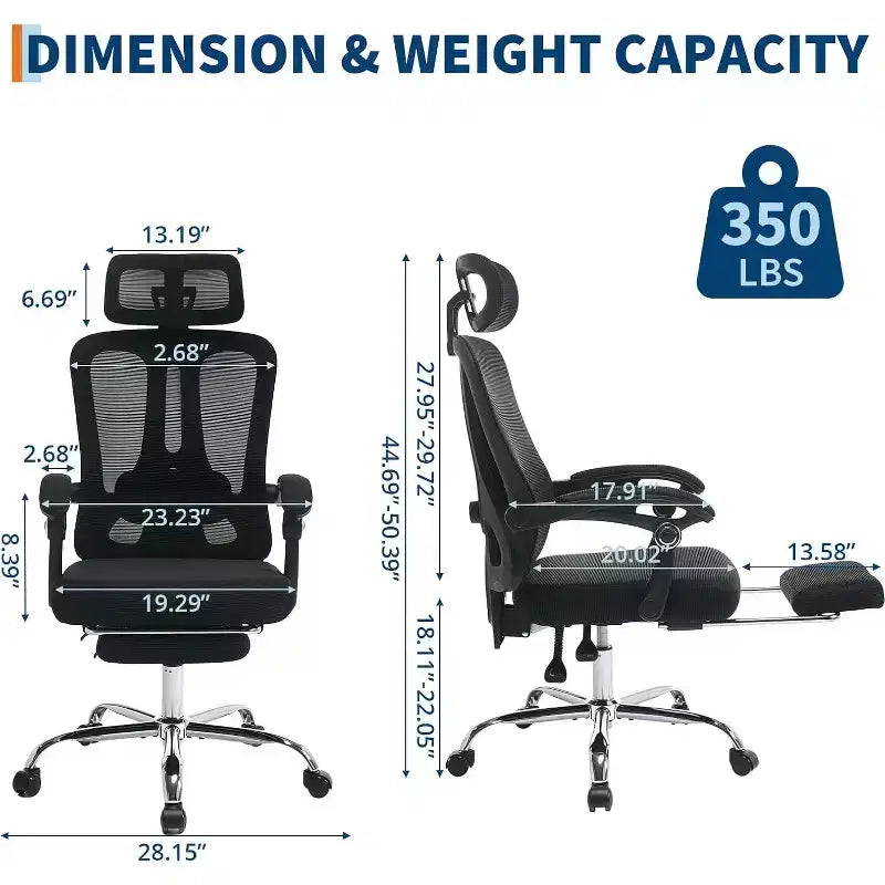 Chaise de bureau ergonomique en maille avec appui-tête et support lombaire réglables, repose-pieds rétractable, fauteuil de bureau pivotant à roulettes, noir