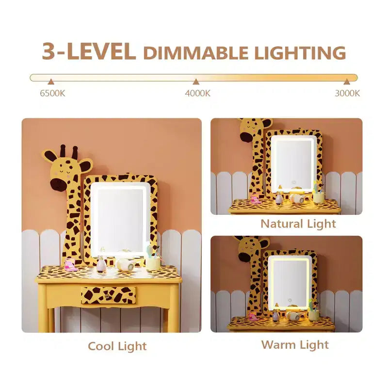 JOYMOR Coiffeuse et chaise pour enfants avec lumières et pieds en bois, coiffeuse de maquillage lumineuse à LED pour filles, motif girafe