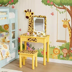 JOYMOR Coiffeuse et chaise pour enfants avec lumières et pieds en bois, coiffeuse de maquillage lumineuse à LED pour filles, motif girafe