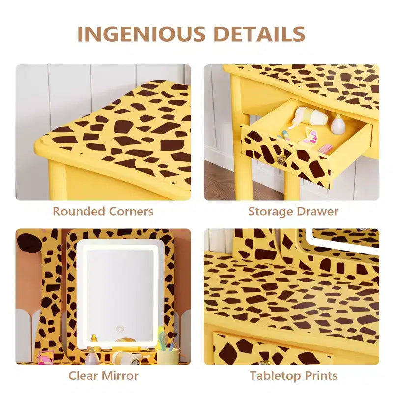 JOYMOR Coiffeuse et chaise pour enfants avec lumières et pieds en bois, coiffeuse de maquillage lumineuse à LED pour filles, motif girafe